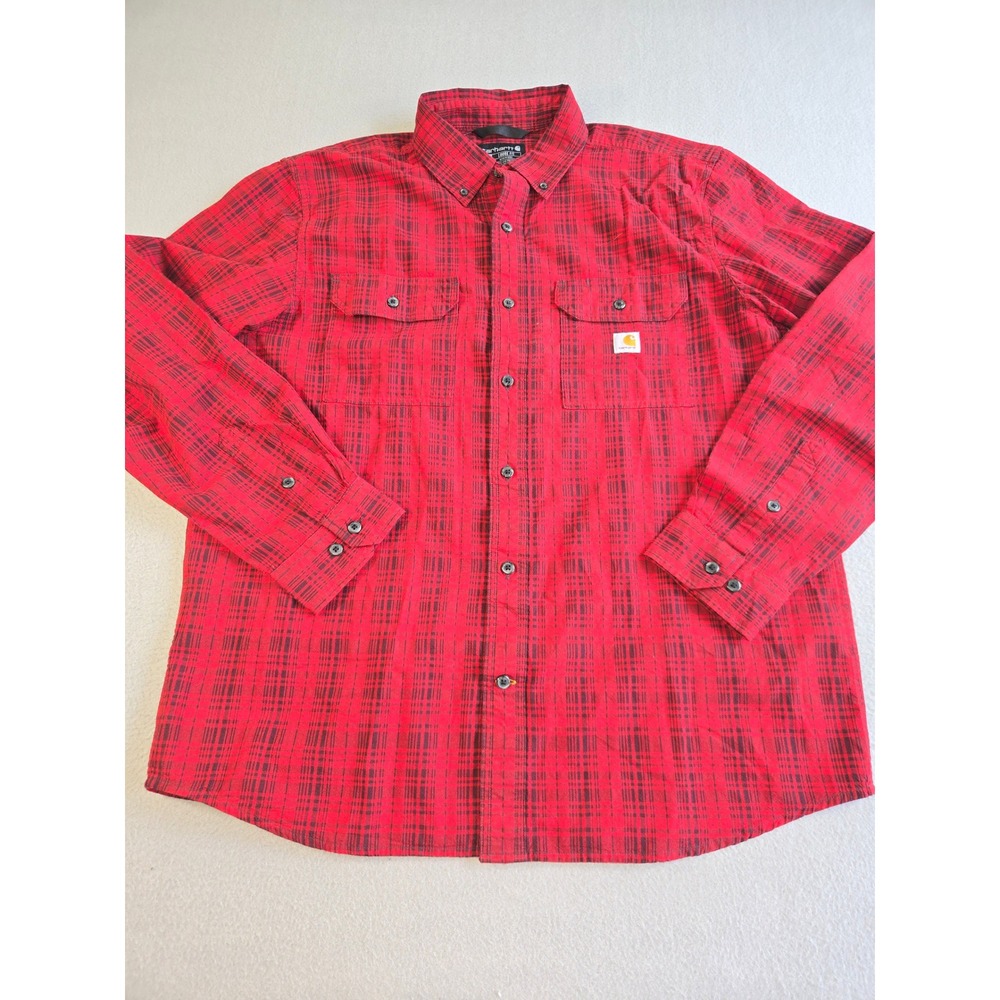 Carhartt Button Down Shirt Mens Large‎ Red Black Plaid Loose Fit Workwear